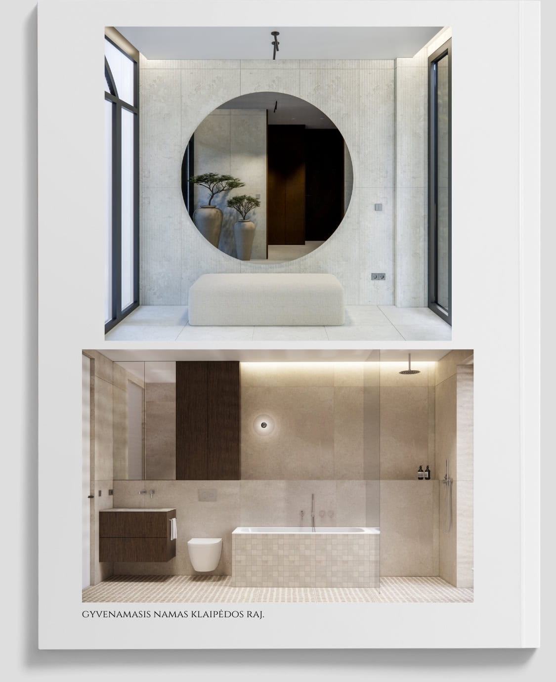 Minimalistinis gyvenamojo namo interjeras su moderniu vonios kambariu Klaipėdos rajone.
