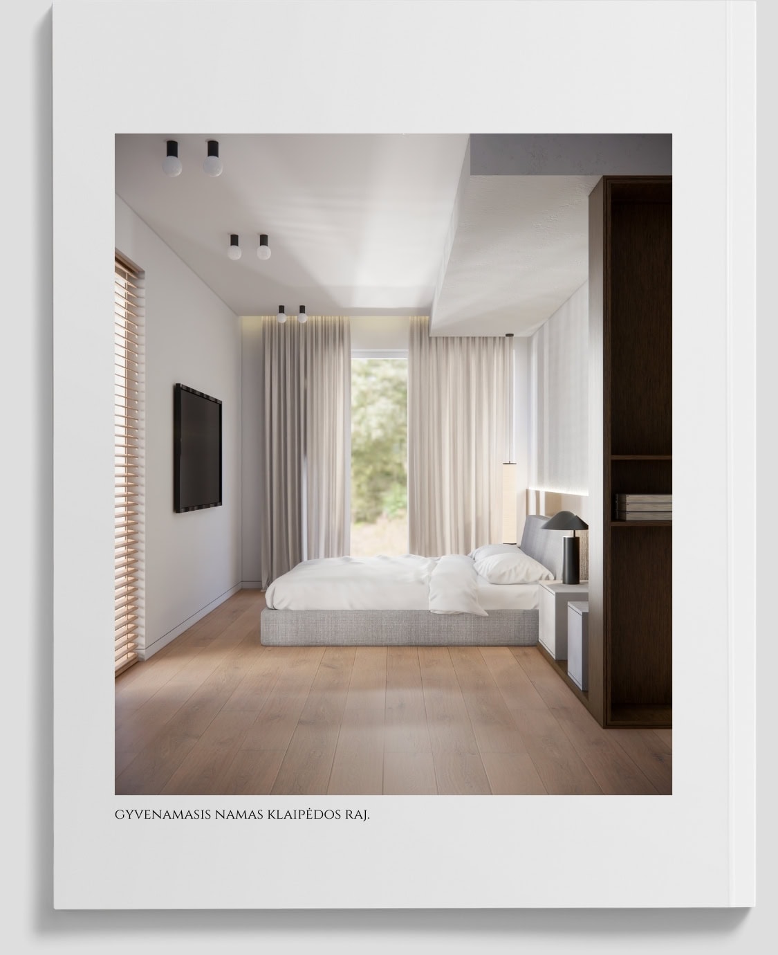 Šviesus miegamasis su minimalistiniu interjero dizainu Klaipėdos rajone.