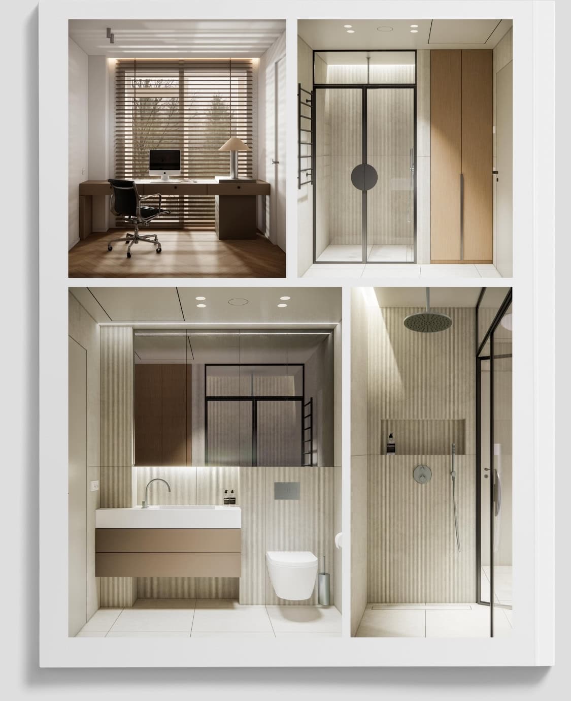 Modernus darbo kambario dizainas su natūraliomis medžiagomis ir stiklo pertvaromis.