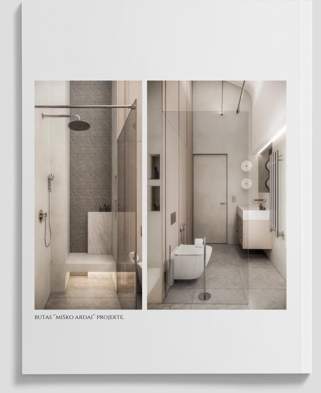 Minimalistinis vonios kambarys su stiklinėmis pertvaromis ir natūraliais tonais.